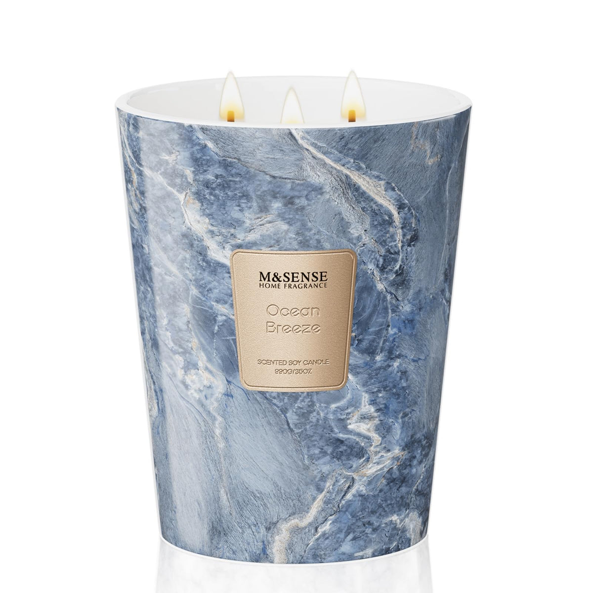 M&SENSE Extra Large 35oz Ocean Breeze candle with three wicks in a marble-textured jar