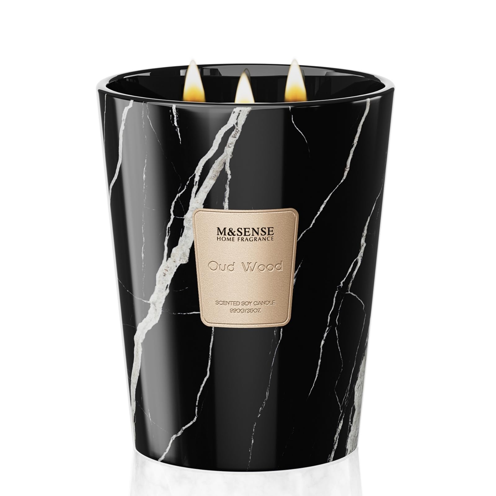 M&amp;SENSE Oud Wood scented candle in a marble-textured 35oz jar with 3 wicks