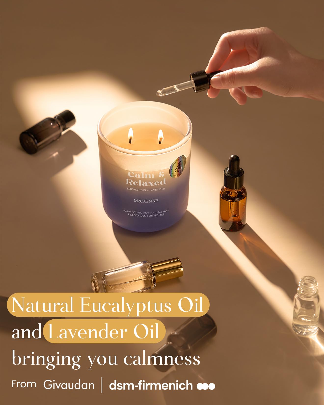 Lifestyle scene featuring M&SENSE candle for relaxation