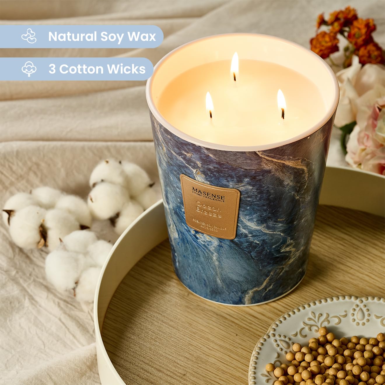 Close-up of Ocean Breeze fragrance three-wick candle