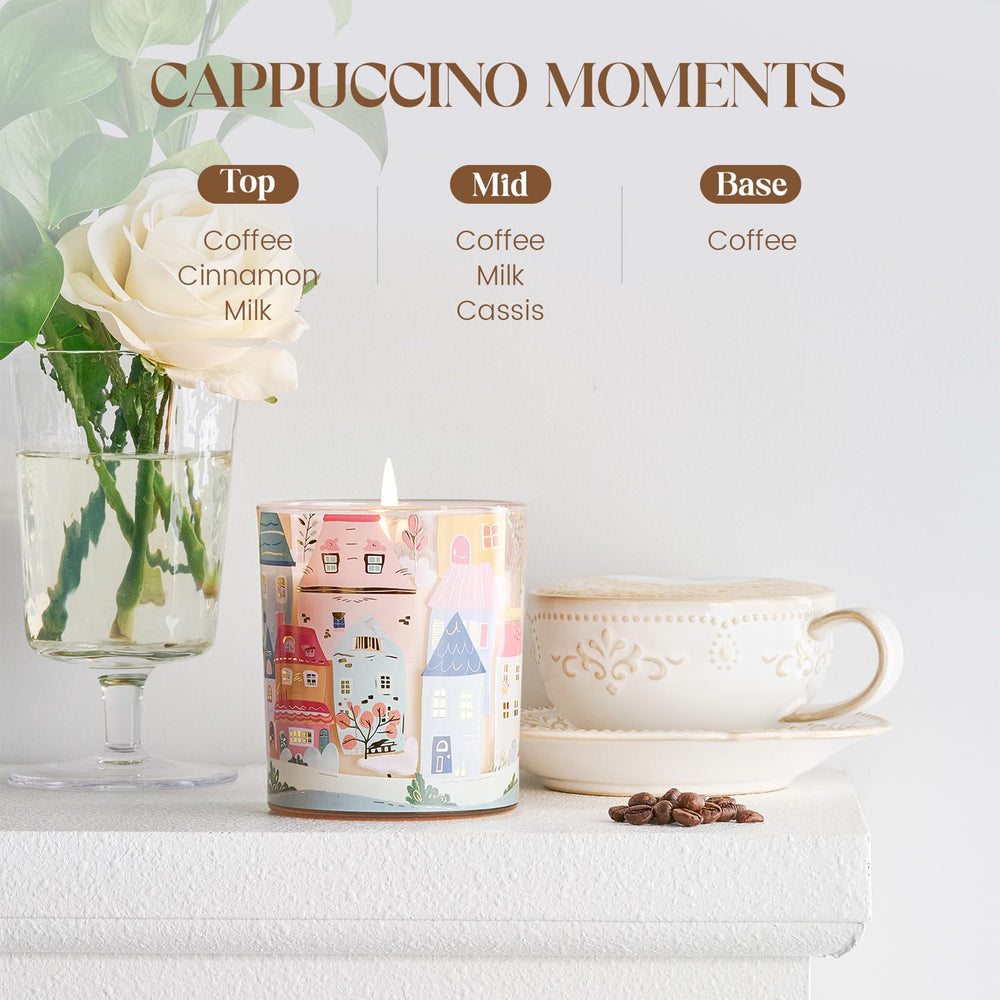 Candle burning with cappuccino fragrance for up to 60 hours