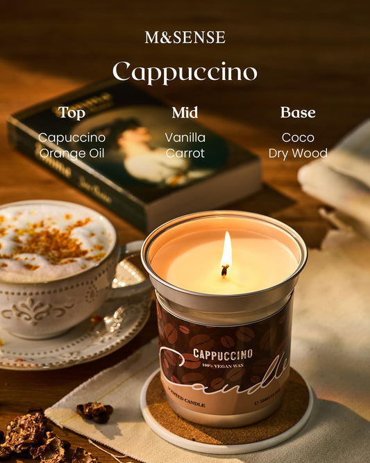 Close-up of latte art lid on the cappuccino candle