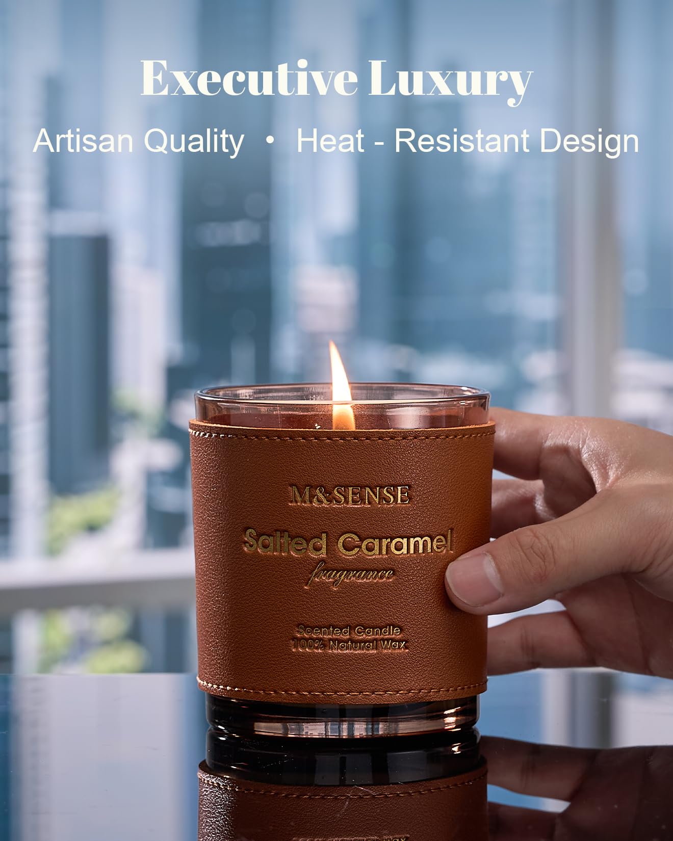 M&SENSE candle with cotton wick glowing in ambient light