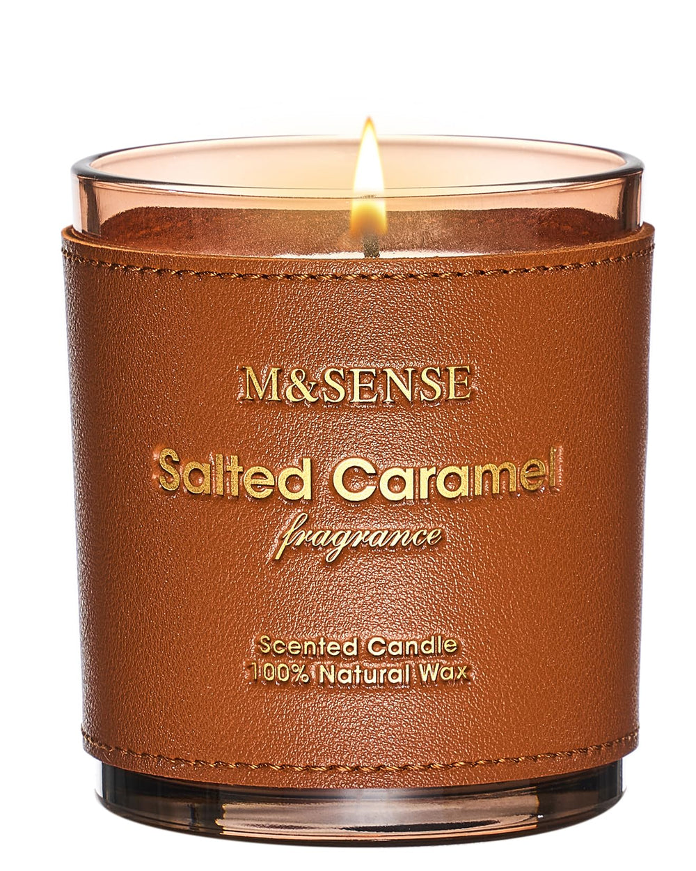 Front view of M&SENSE Caramel Vanilla candle with hand-stitched leather sleeve