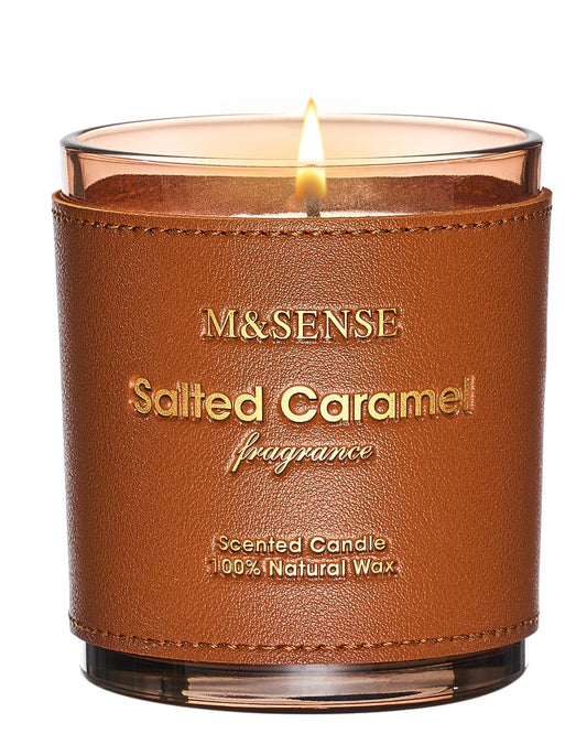 Front view of M&SENSE Caramel Vanilla candle with hand-stitched leather sleeve