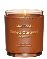 Front view of M&SENSE Caramel Vanilla candle with hand-stitched leather sleeve