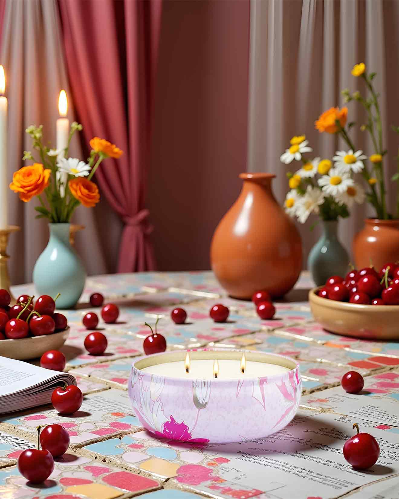 Close-up of three cotton wicks in the cherry blossom candle