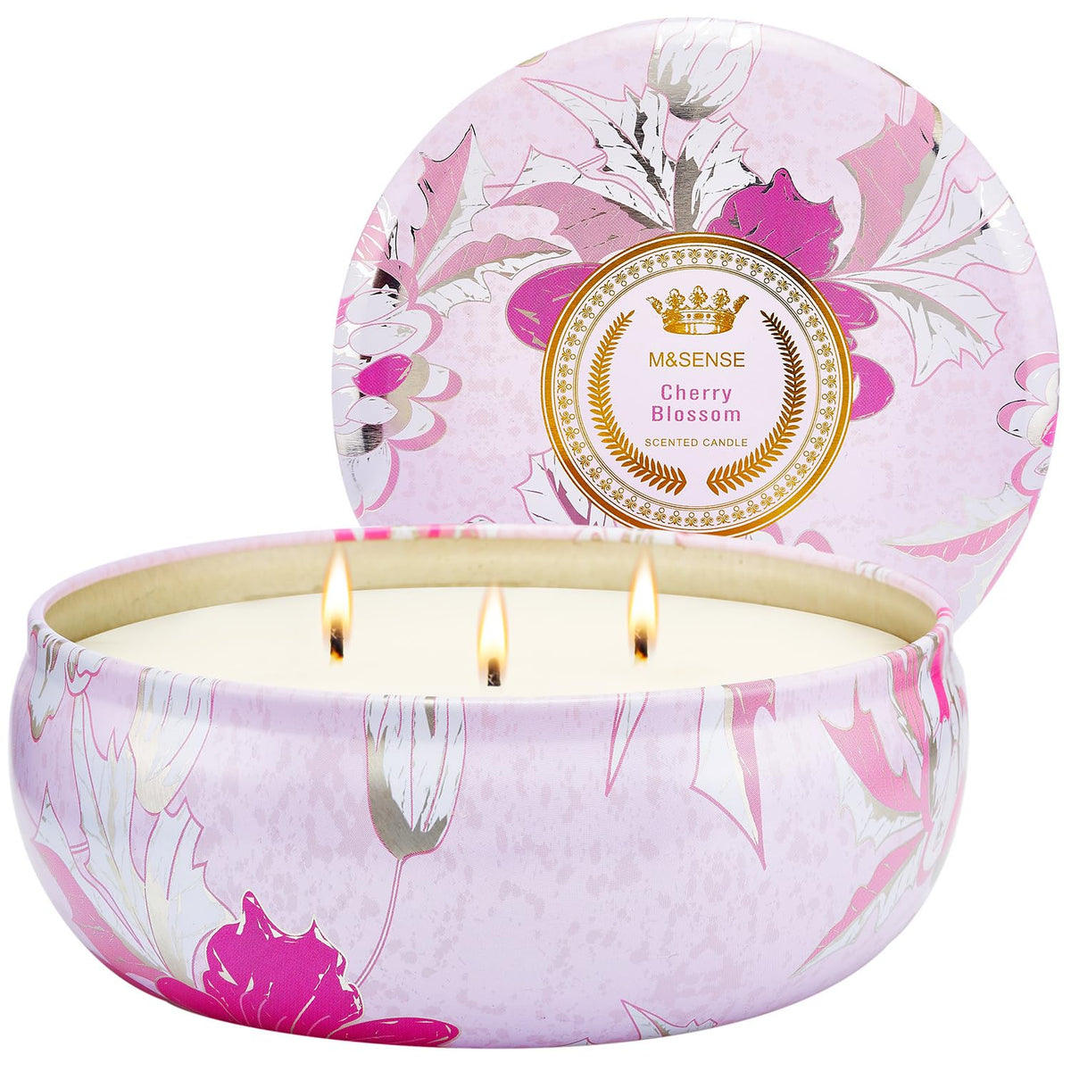 M&SENSE Cherry Blossom 3-wick soy tin candle in a 340g tin