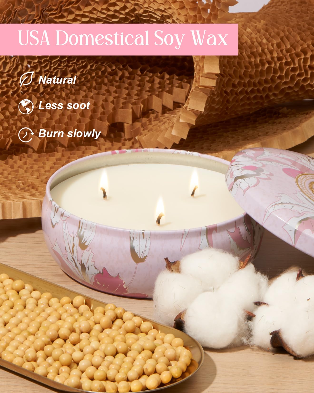Candle burn time 40-50 hours with 3 lead-free cotton wicks