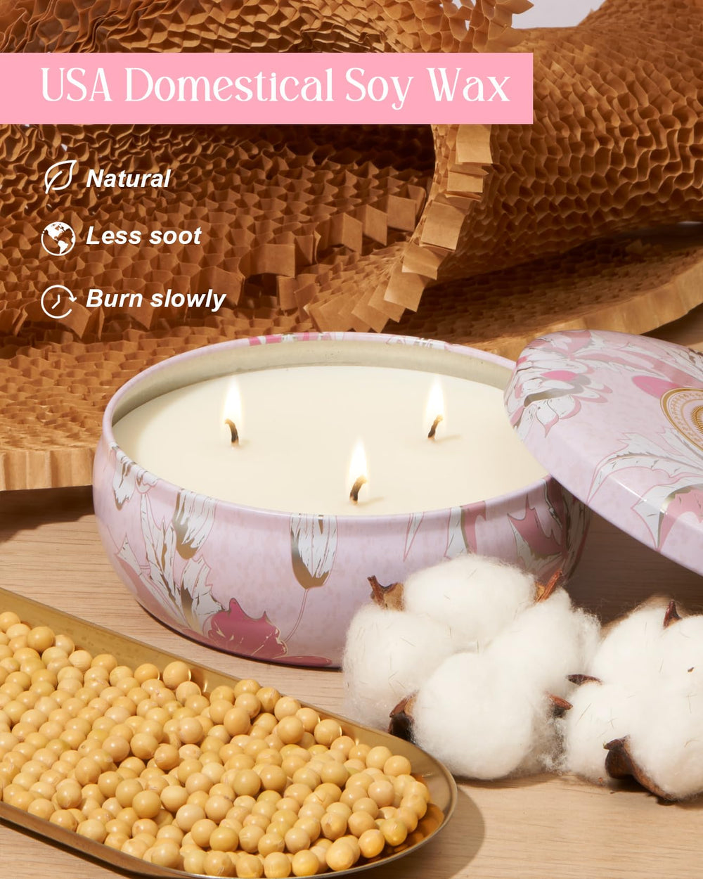 Candle burn time 40-50 hours with 3 lead-free cotton wicks