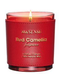 M&SENSE Citrus Floral Soy Candle in a 10oz jar with hand-stitched leather sleeve