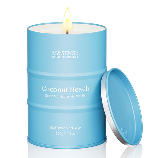 M&SENSE Coconut Beach scented candle in a reusable tin, 11.3oz