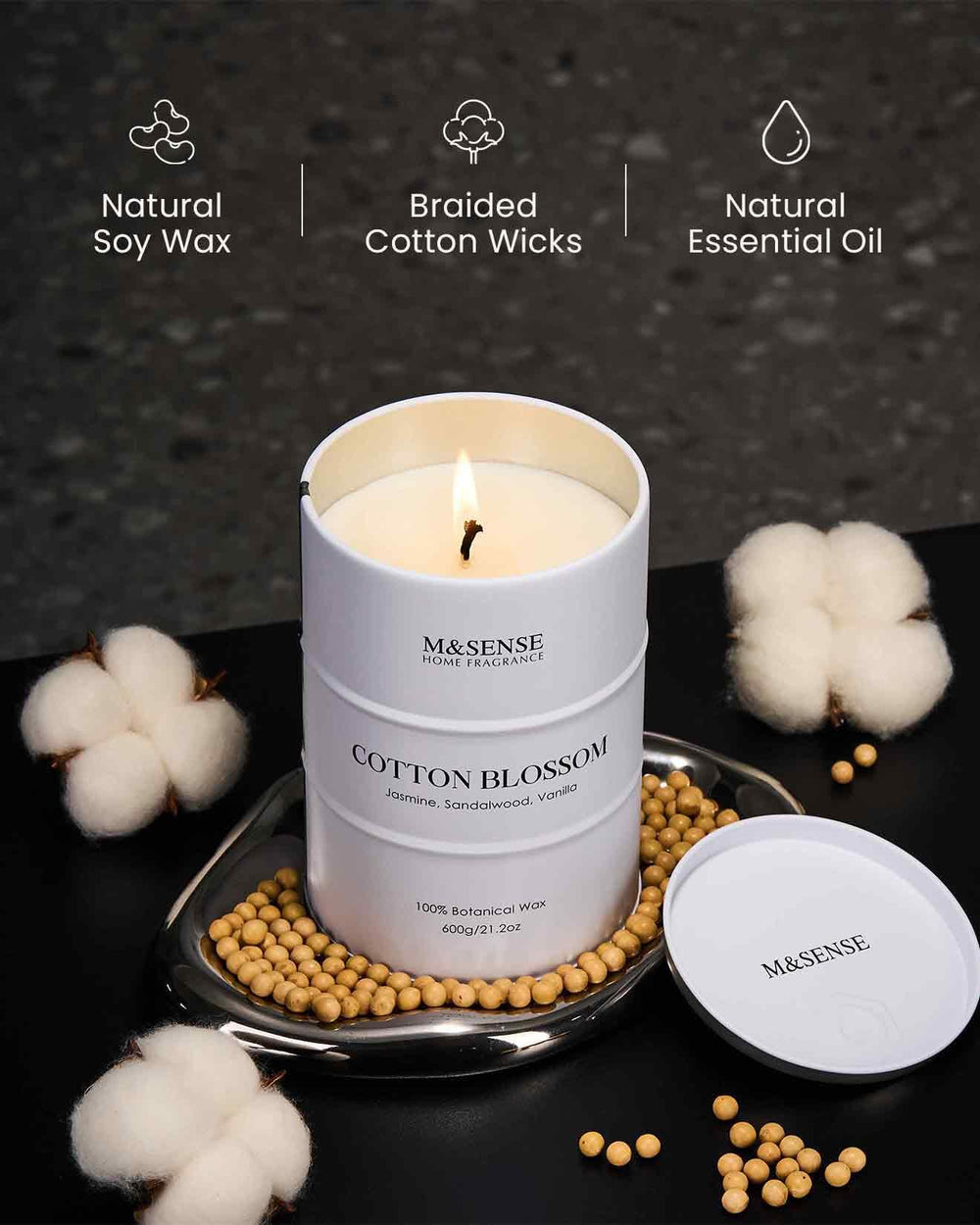 Lead-free cotton wick for clean, even burn