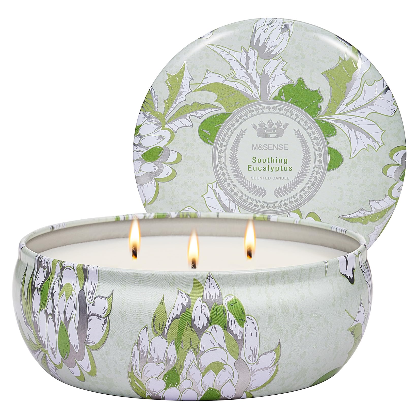 M&SENSE eucalyptus-scented candle in a 12oz tin with three wicks