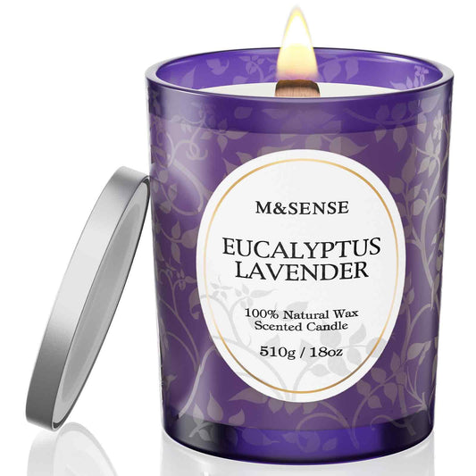 Front view of M&SENSE Eucalyptus Lavender 18oz candle in a matte jar