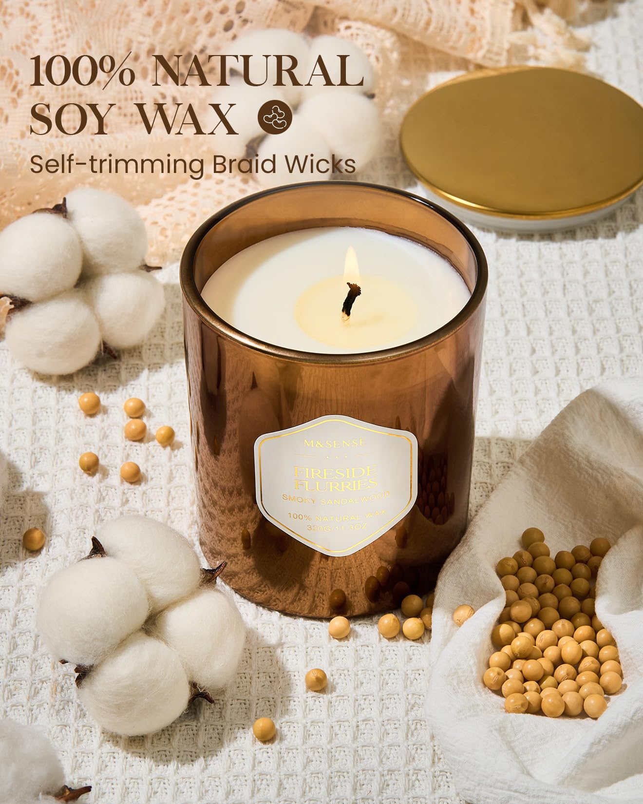 Natural soy wax blend in the candle jar for a clean burn