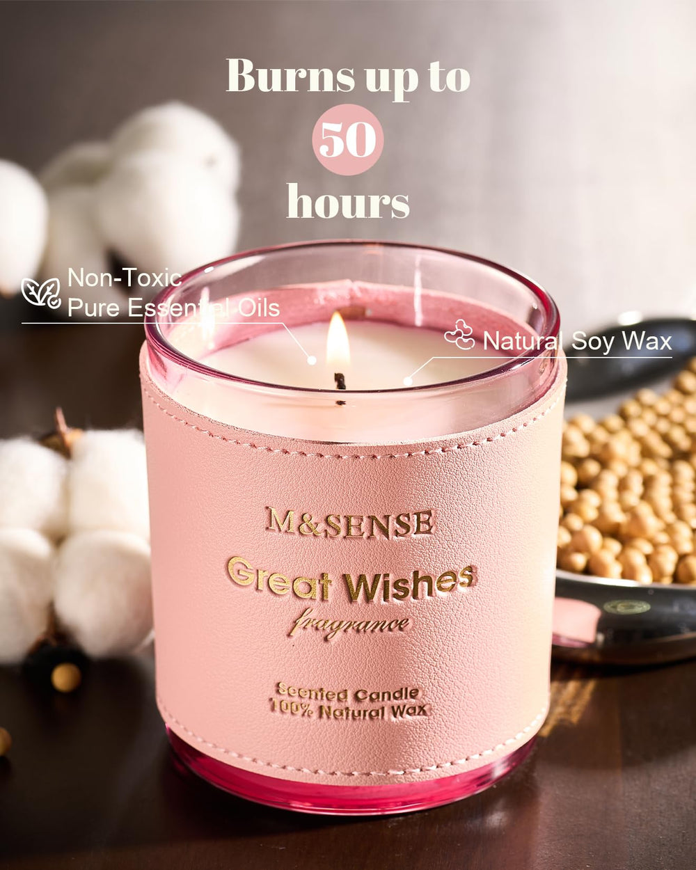 Candle with leather sleeve displayed in modern home decor