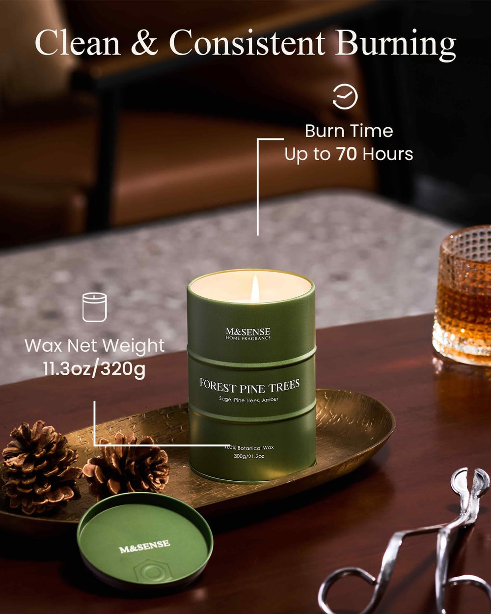 Lead-free cotton wick inside the M&SENSE Frosted Pine candle