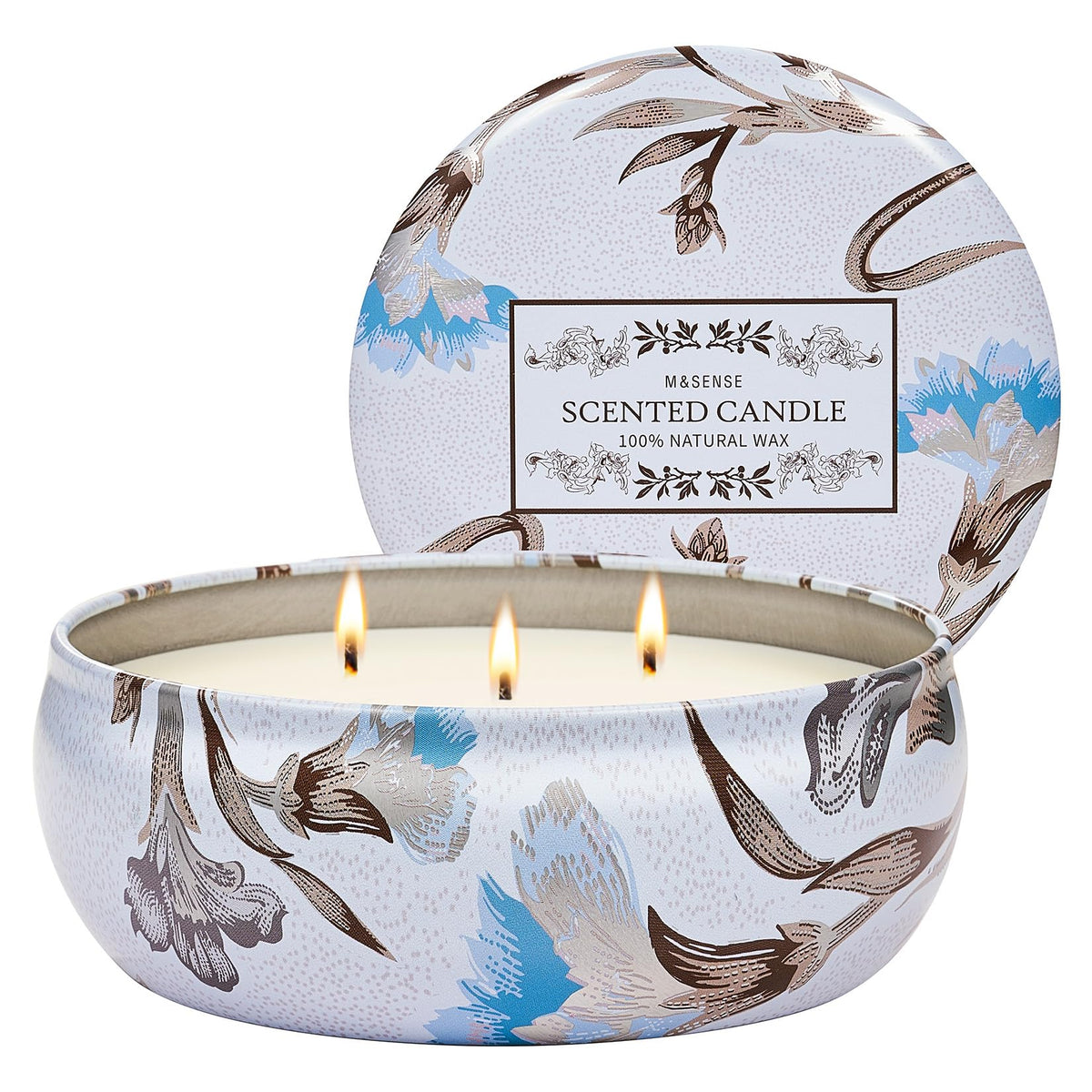 M&SENSE Happy Gardenia 3-wick soy candle tin with floral pattern