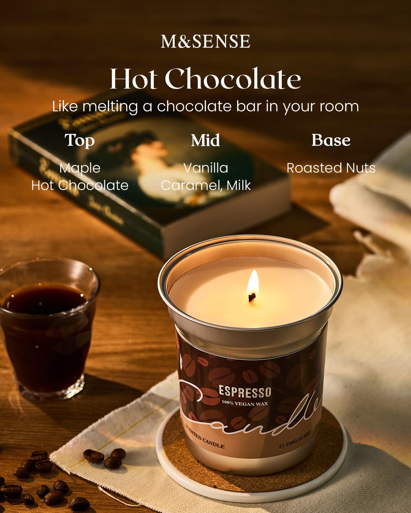 Close-up of 12.3oz M&SENSE candle burn and label