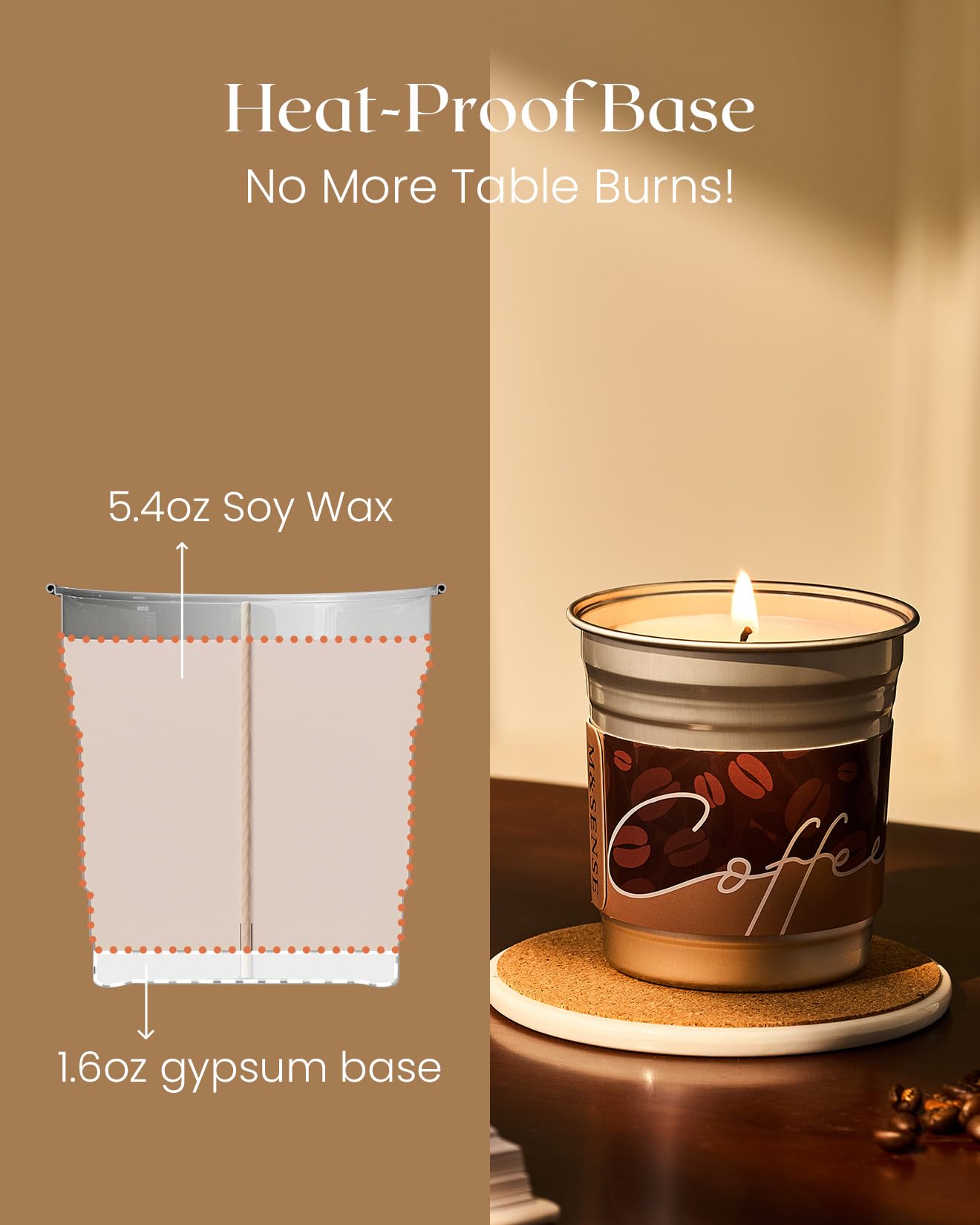 Close-up of 16.2oz M&SENSE candle burn and label