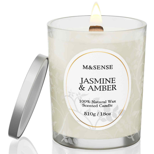 M&SENSE Jasmine Amber Candle in matte jar with botanical design