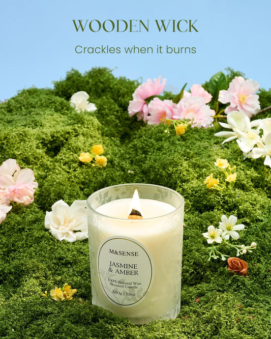 Close-up of crackling wooden wick in Jasmine Amber Candle