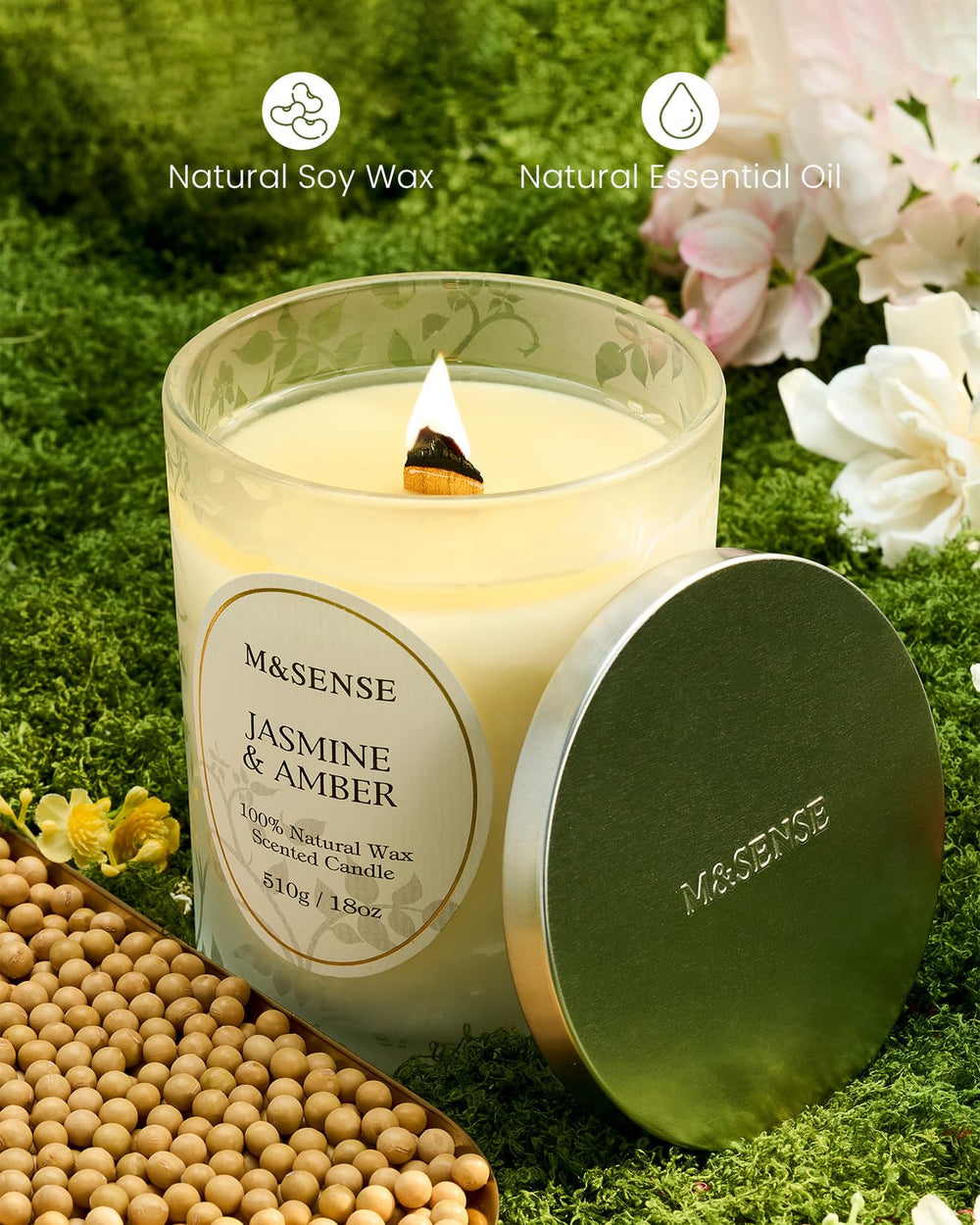Candle lit with amber glow showing clean burn