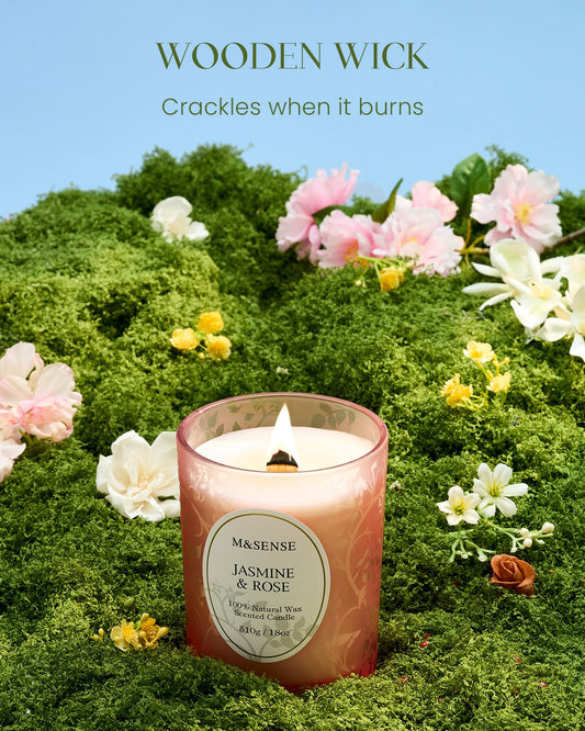 Close-up of crackling wooden wick burning Jasmine Rose candle