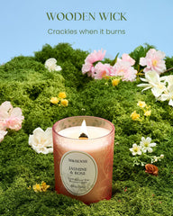 Close-up of crackling wooden wick burning Jasmine Rose candle