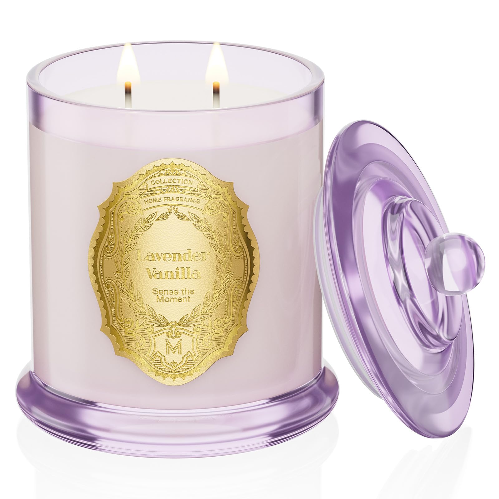 Front view of M&SENSE Lavender Vanilla 12.7oz soy wax candle