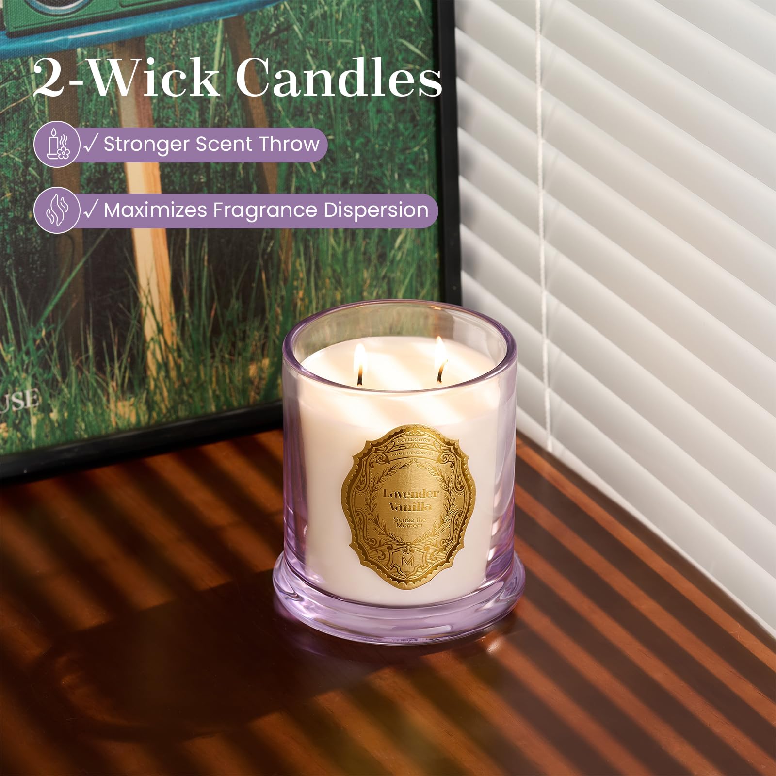 Close-up of gold label on Lavender Vanilla candle jar
