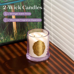 Close-up of gold label on Lavender Vanilla candle jar