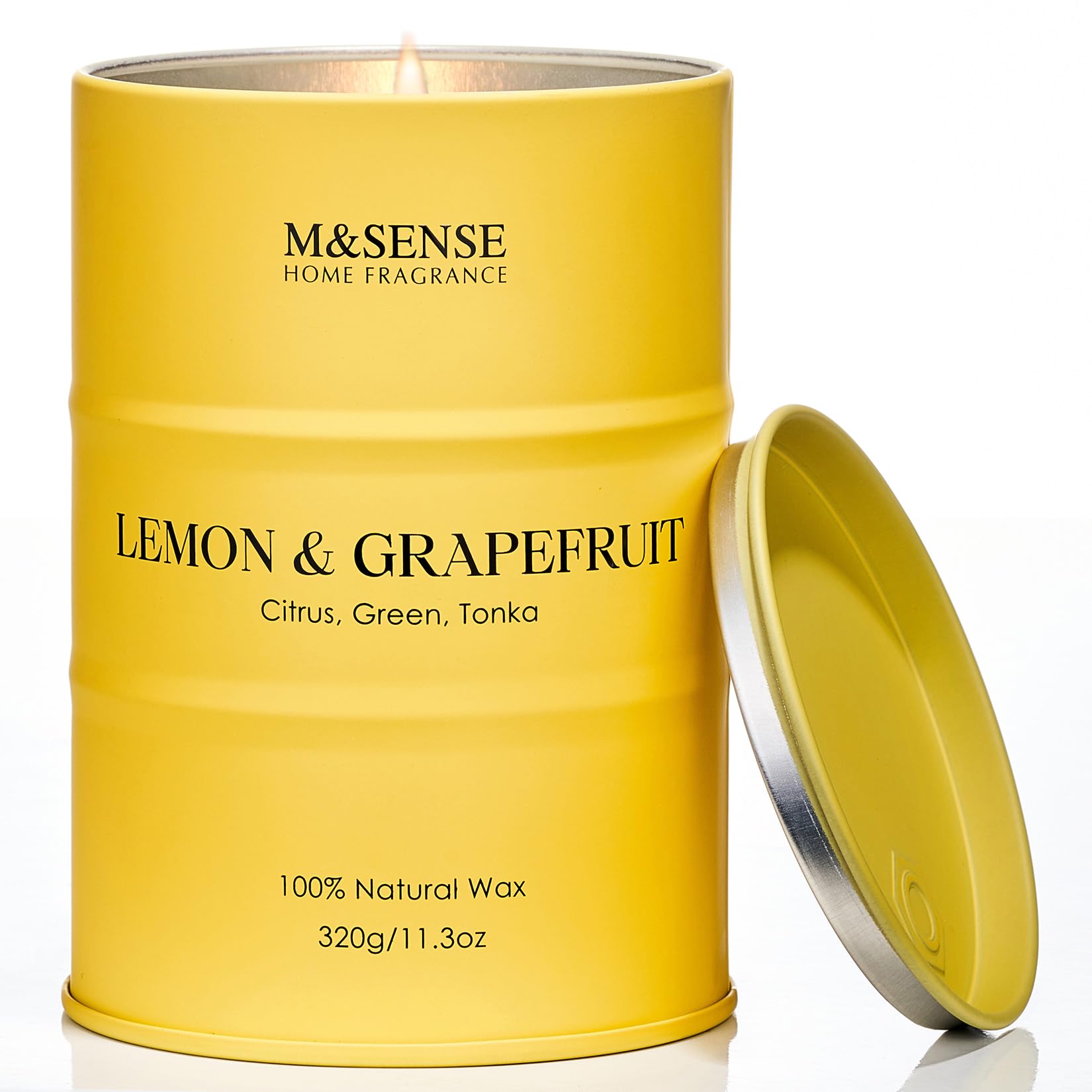 Close-up of M&SENSE Lemon Candle 11.3oz showing wax and 70-hour burn