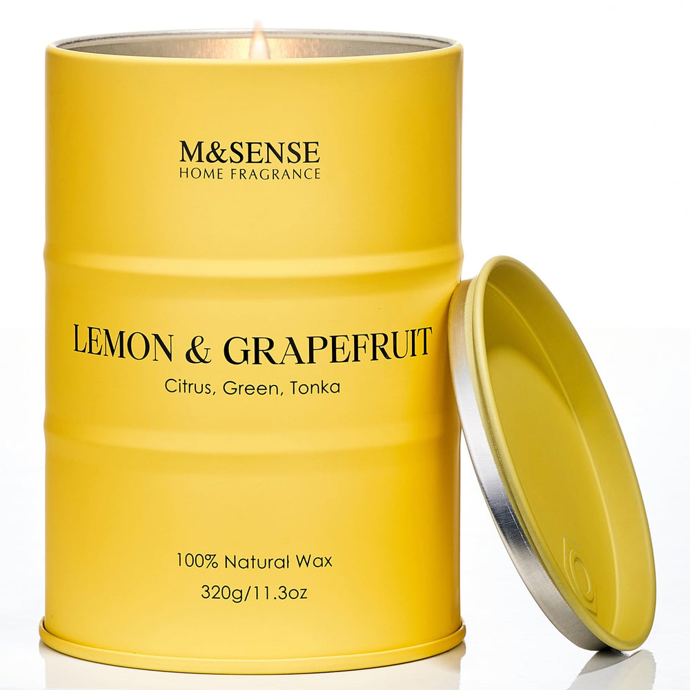 Close-up of M&SENSE Lemon Candle 11.3oz showing wax and 70-hour burn