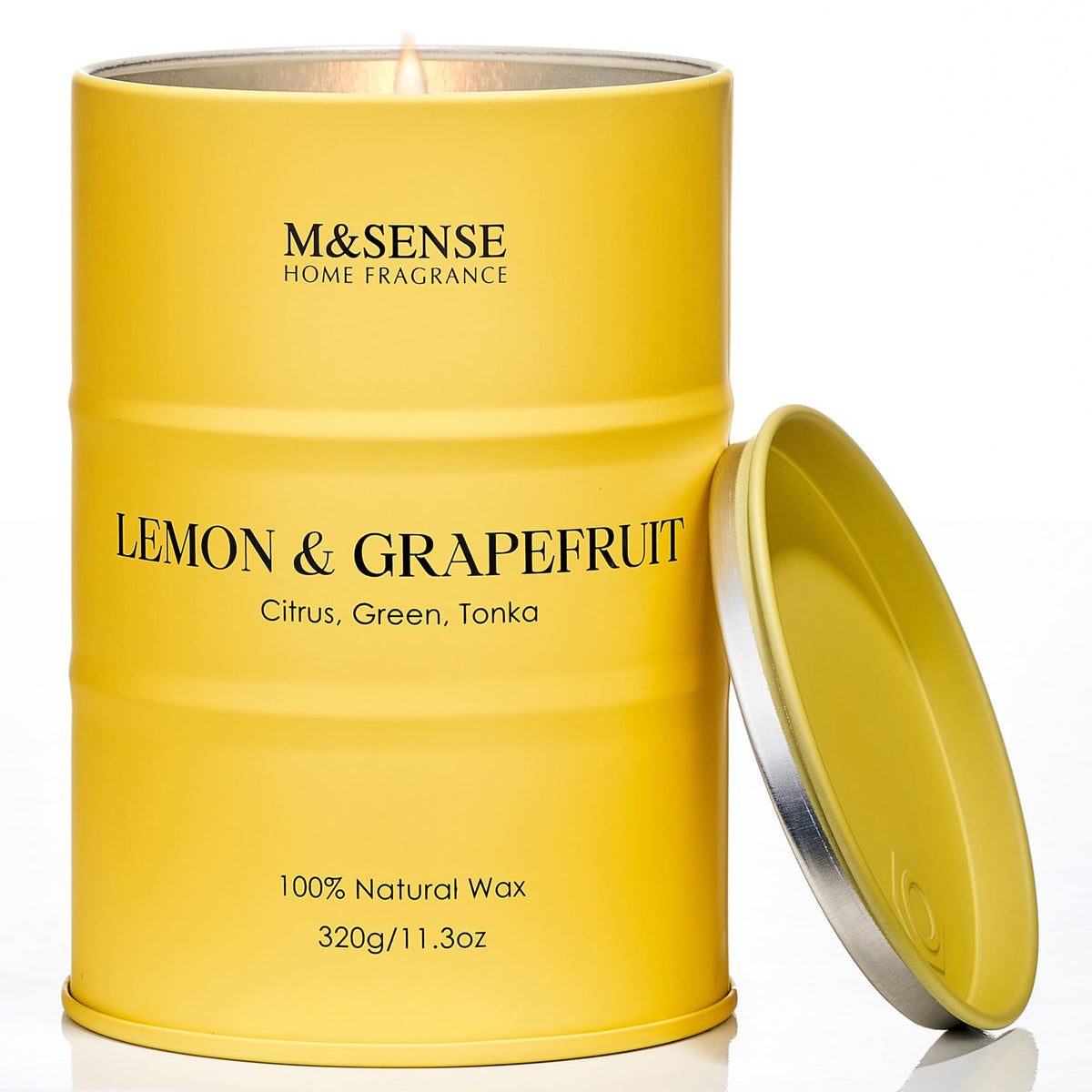 Close-up of M&SENSE Lemon Candle 11.3oz showing wax and 70-hour burn