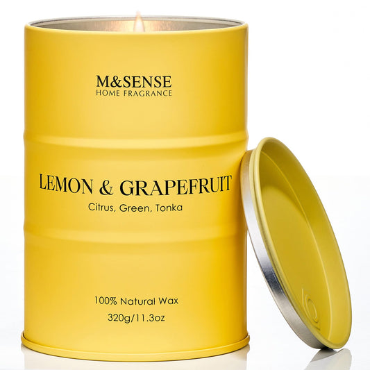 Close-up of M&SENSE Lemon Candle 11.3oz showing wax and 70-hour burn
