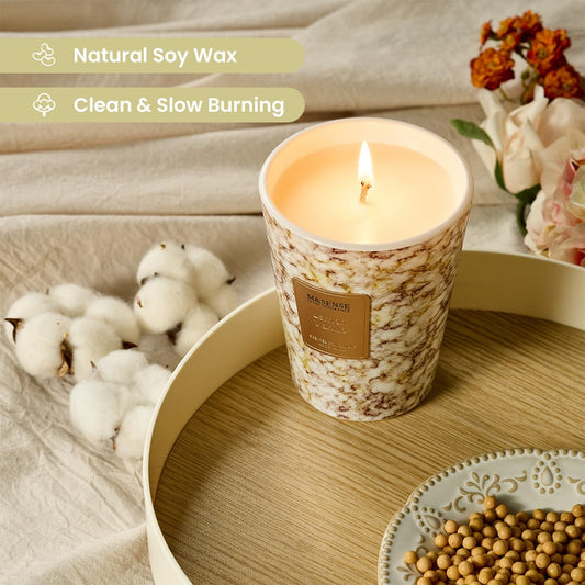 Lemon vanilla fragrance label on marble jar candle