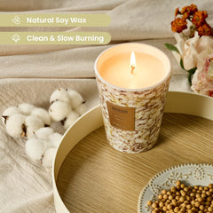 Lemon vanilla fragrance label on marble jar candle