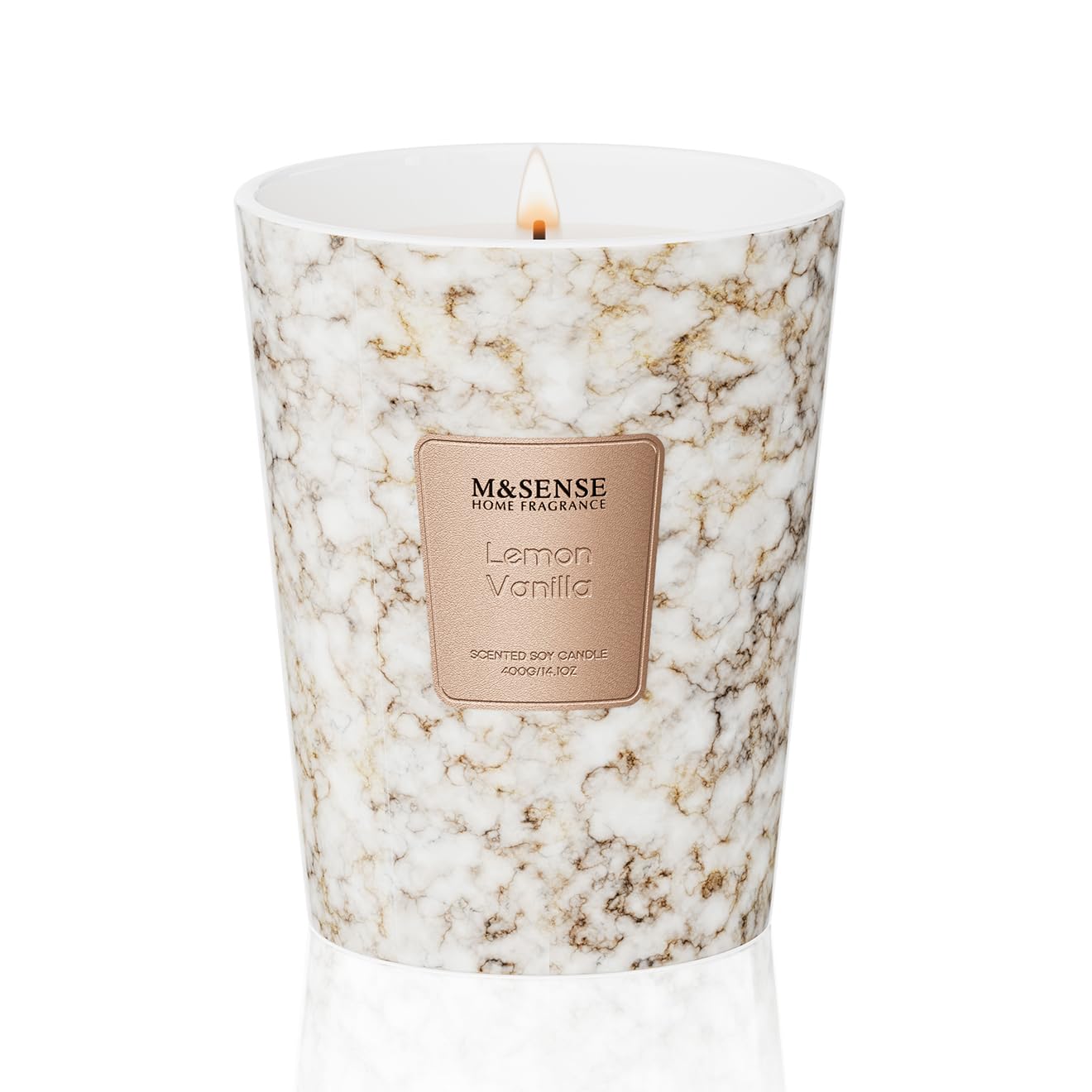 M&SENSE branding on lemon vanilla candle packaging