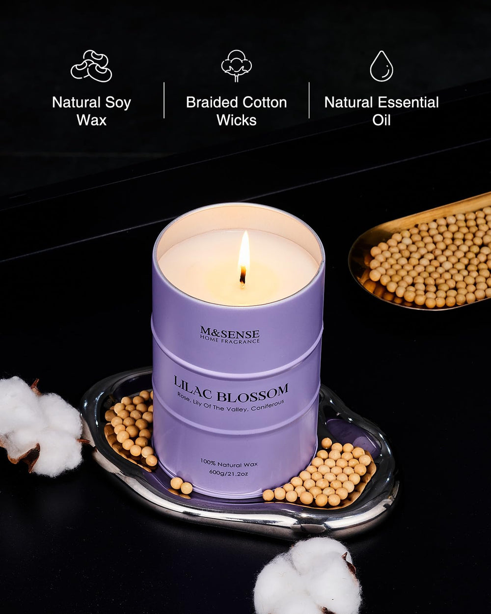 Front view of the M&SENSE Lilac Blossom 21oz candle