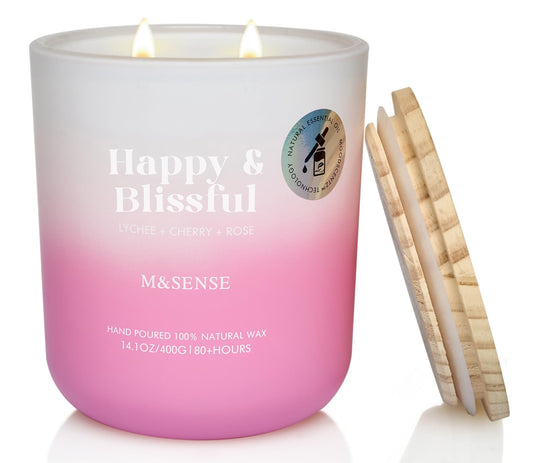 M&SENSE Lychee Cherry Rose scented candle in a reusable glass jar