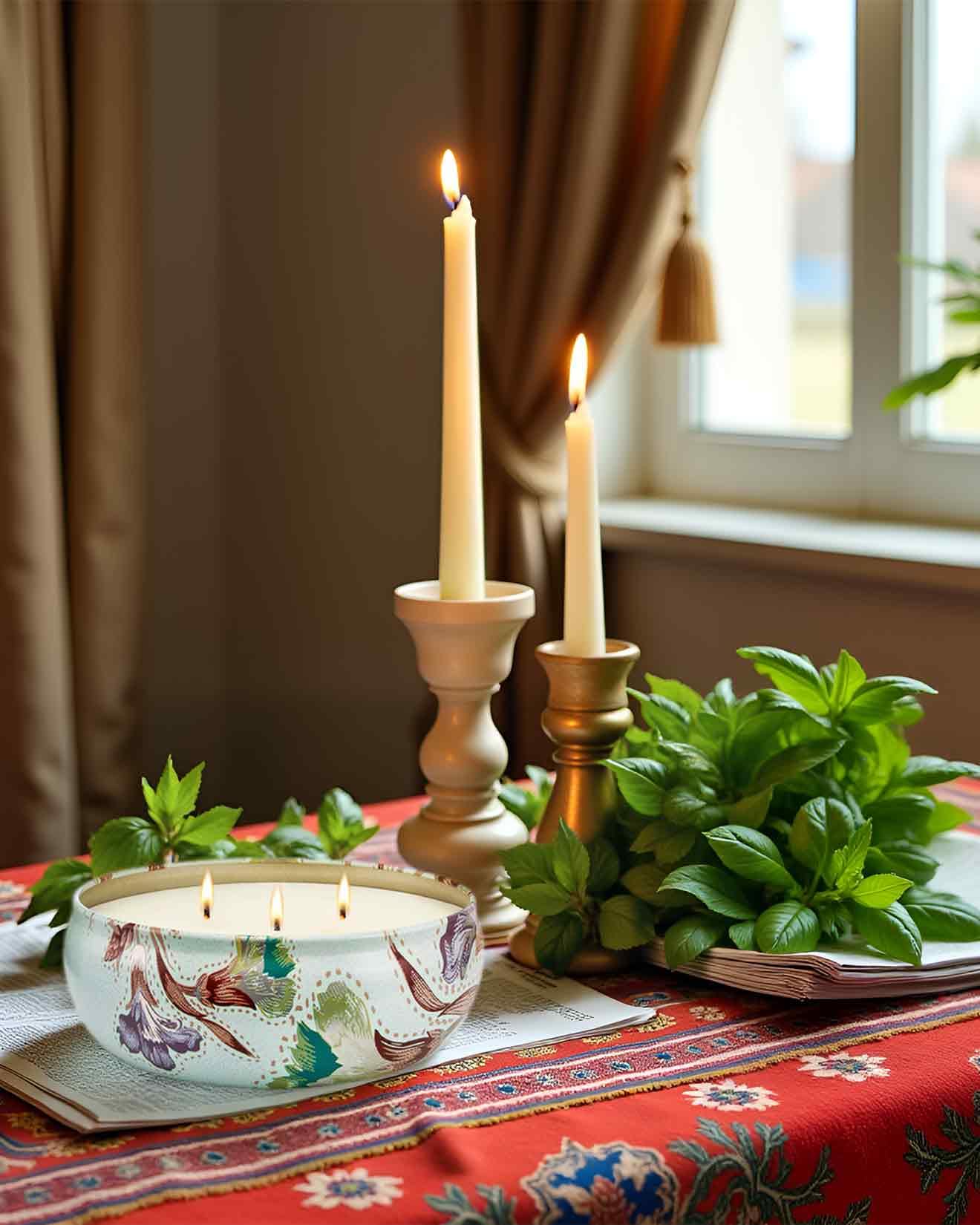 Close-up of Mint Basil candle with 3 wicks