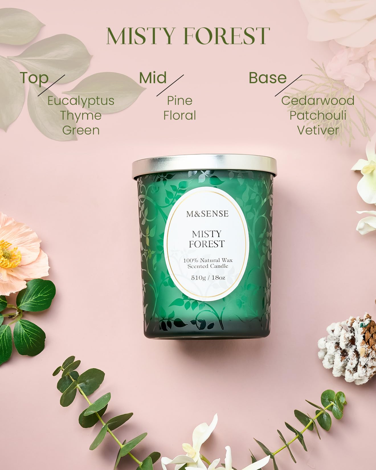 Close up of natural soy wax and wick for Misty Pine Forest candle