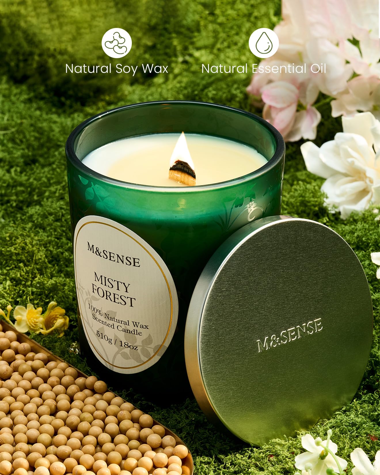 Wood wick lighting detail on Misty Pine Forest 18oz jar