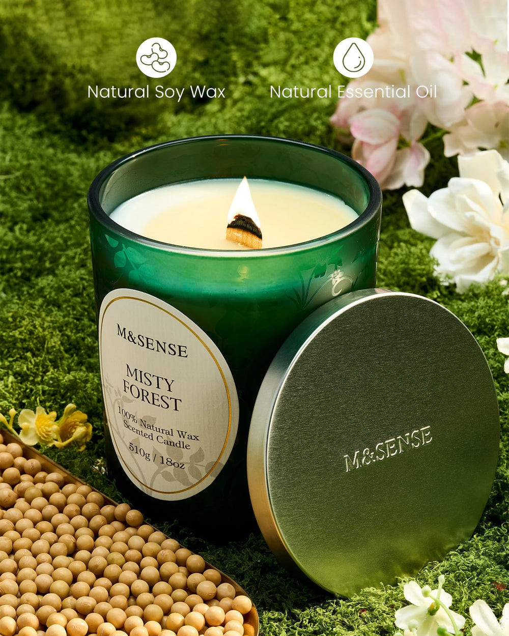 Wood wick lighting detail on Misty Pine Forest 18oz jar