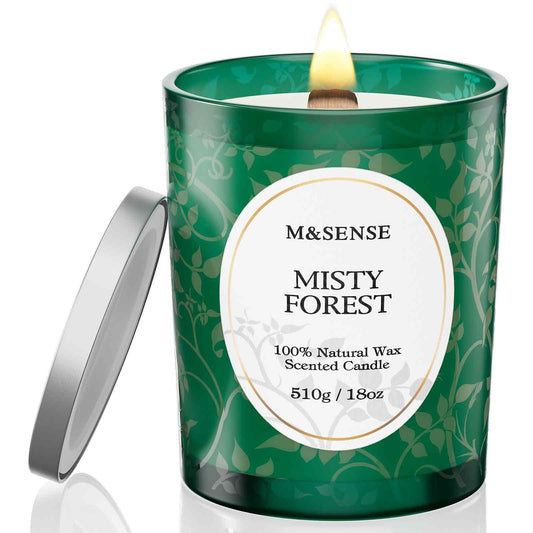 Front view of M&SENSE Misty Pine Forest candle with wooden wick in an 18oz jar
