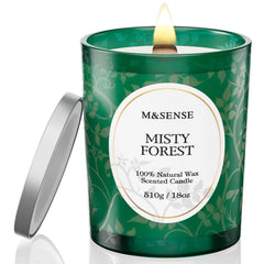 Front view of M&SENSE Misty Pine Forest candle with wooden wick in an 18oz jar