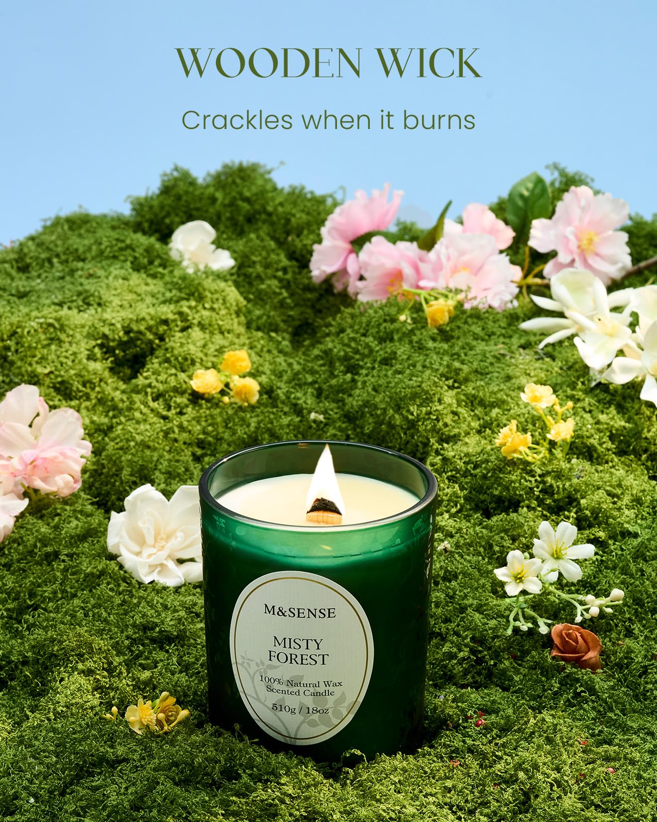 Side view of Misty Pine Forest candle showing wooden wick and jar