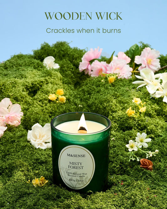 Side view of Misty Pine Forest candle showing wooden wick and jar